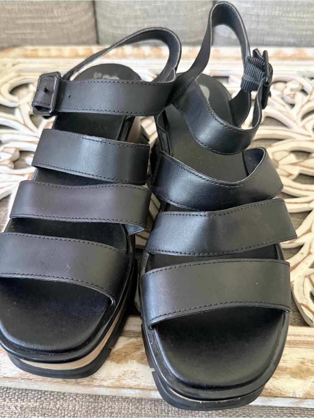 Sorel Black Leather Wide Strap Wedge Platform Sandals Shoes Women’s 10 - Picture 10 of 12
